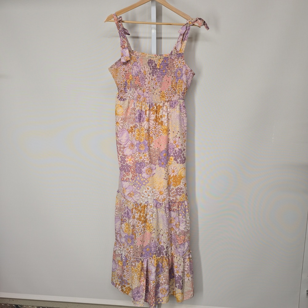 Liberty Love Floral Maxi Dress XL Purple Yellow Smocked Tiered Shoulder Tie Boho